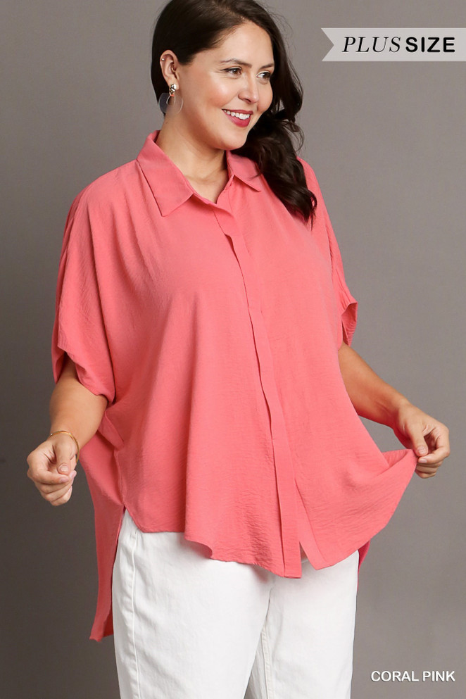 Umgee Oversized Button Down Shirt- Coral Pink