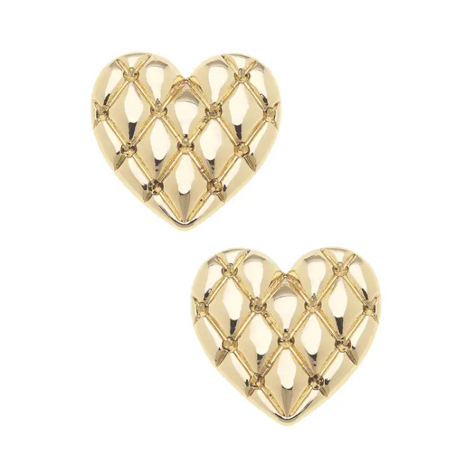 Canvas Coco Quilted Heart Stud Earrings in Shiny Gold