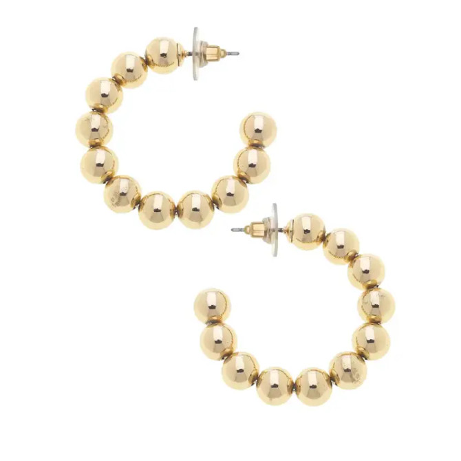 Canvas Jasper Ball Bead Hoop Earrings in Shiny Gold