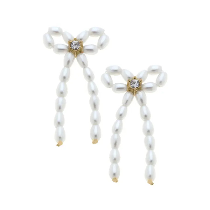 Canvas Kristin Pearl Beaded Bow Earrings in Ivory