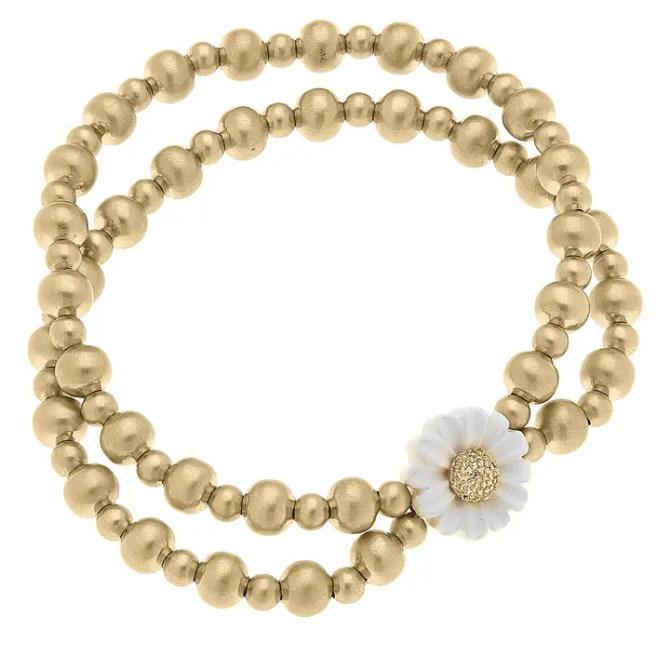 Canvas Gerber Daisy 2-Row Ball Bead Stretch Bracelet in Satin Gold