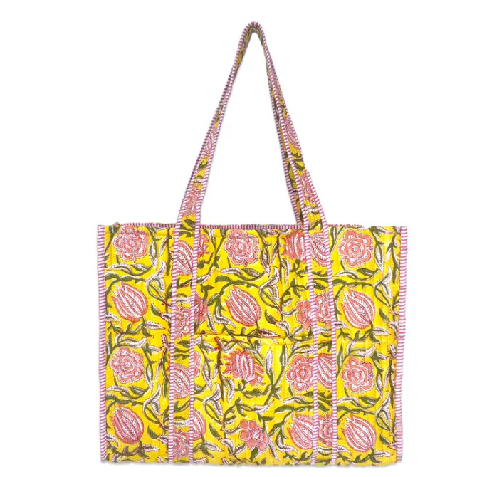 Anju Jewelry Quilted Block-Printed Tote Bag with Travel Pouch - Bright Dahlias