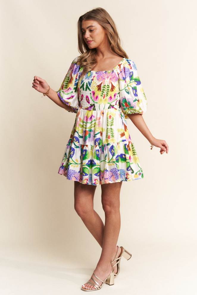 J.NNA Greenish Floral Print Puff Sleeve Short Dress