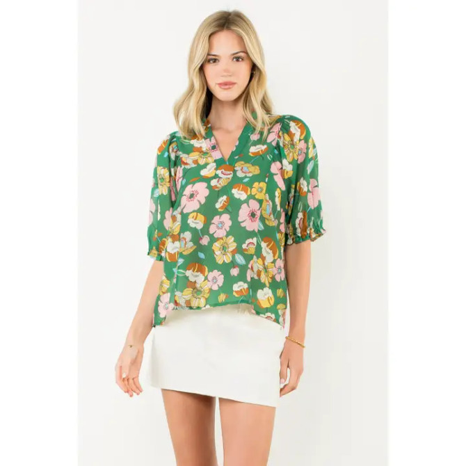 THML Floral Shirred Sleeve V-Neck Top - Green