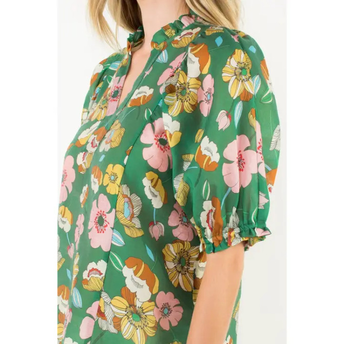 THML Floral Shirred Sleeve V-Neck Top - Green