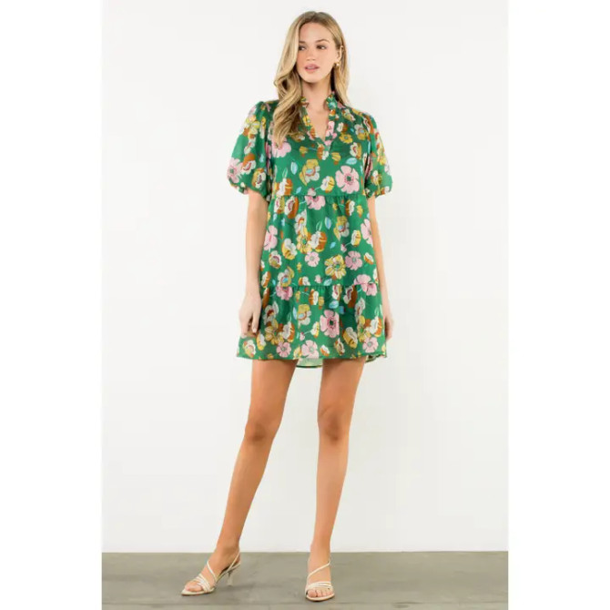 THML Green V-Neck Floral Print Dress
