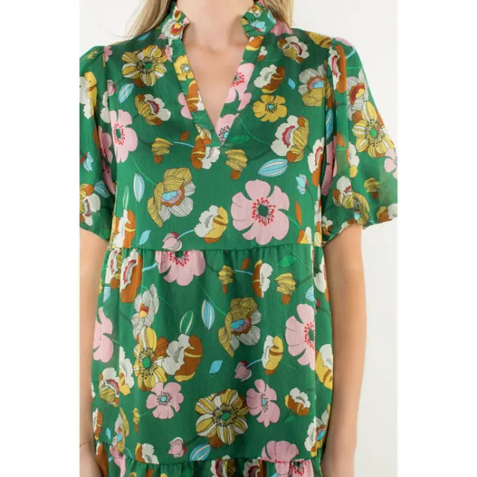 THML Green V-Neck Floral Print Dress