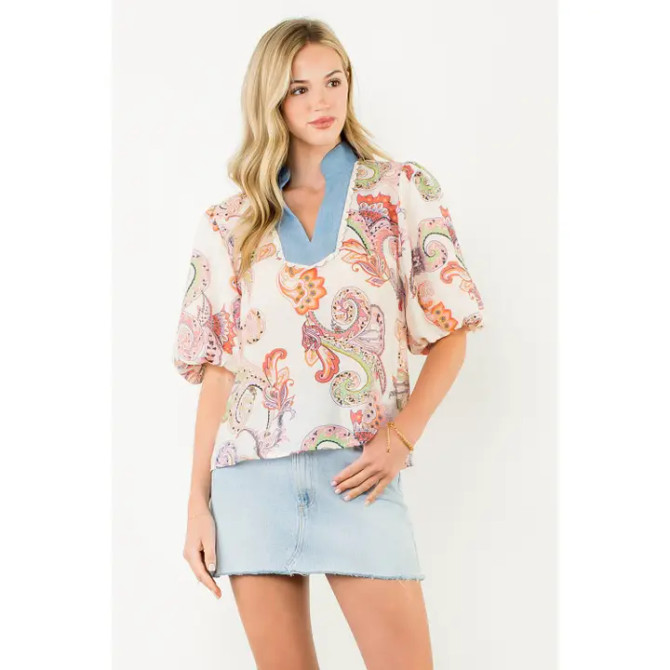 THML Pink Puff Sleeve Paisley Top