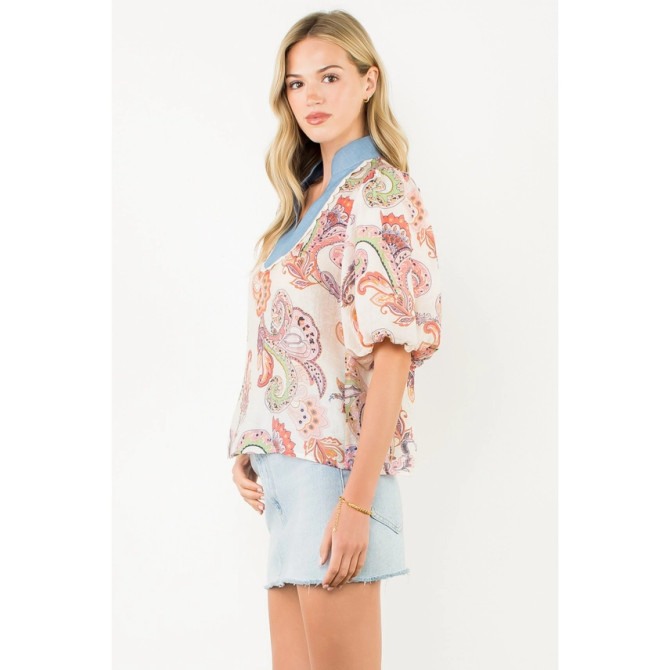 THML Pink Puff Sleeve Paisley Top