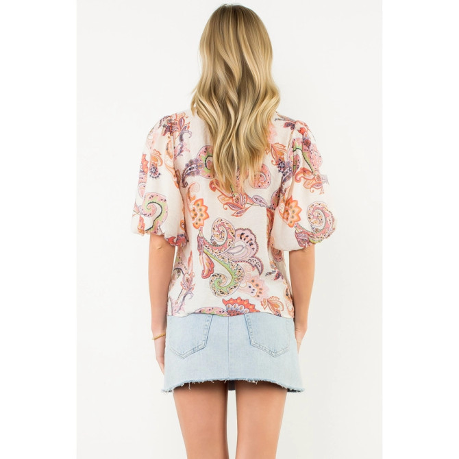 THML Pink Puff Sleeve Paisley Top