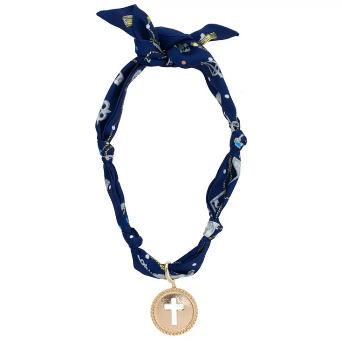 Canvas Elodie Cross Coin Scarf Necklace in Navy & Seafoam