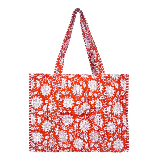 Anju Quilted Block-Printed Tote Bag with Travel Pouch - Orange Botanicals