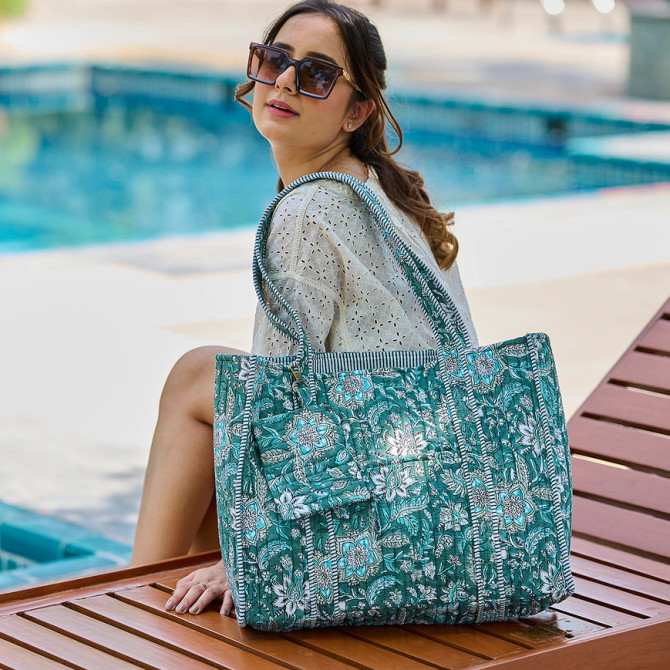 Anju Quilted Block-Printed Tote Bag with Travel Pouch - Teal Florals