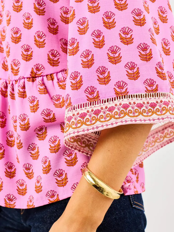 Mary Square Monroe Top - Floral Foulard Pink