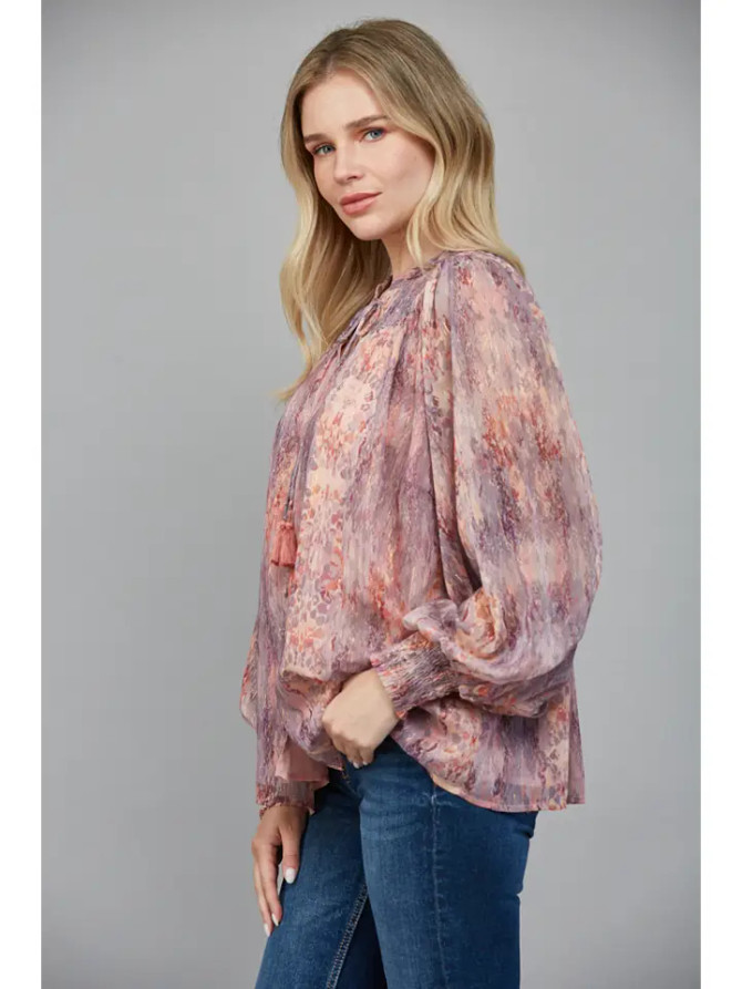 Fate Smocked Yoke Raglan Sleeve Snake Print Chiffon Top
