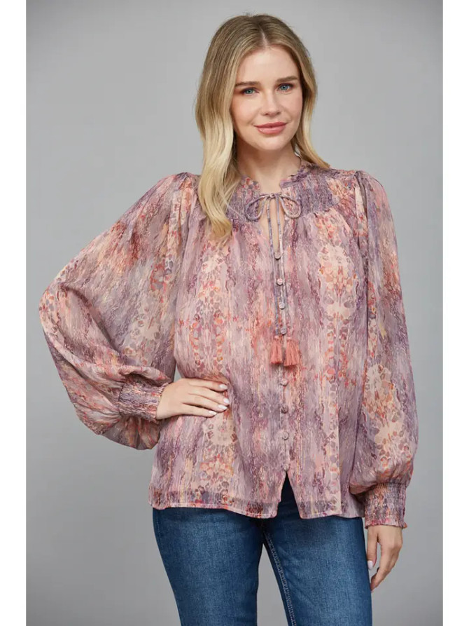 Fate Smocked Yoke Raglan Sleeve Snake Print Chiffon Top