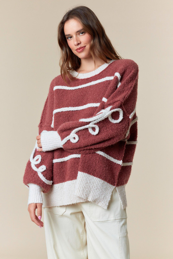 Fantastic Fawn Cord Stripe & Bow Shaped Detailed Sweater