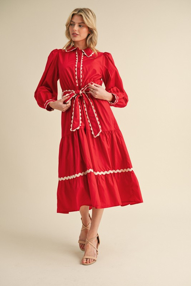 Jodifl Solid Belted Waist Midi Dress - Red