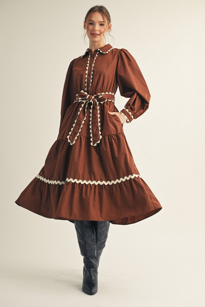 Jodifl Solid Belted Waist Midi Dress - Brown