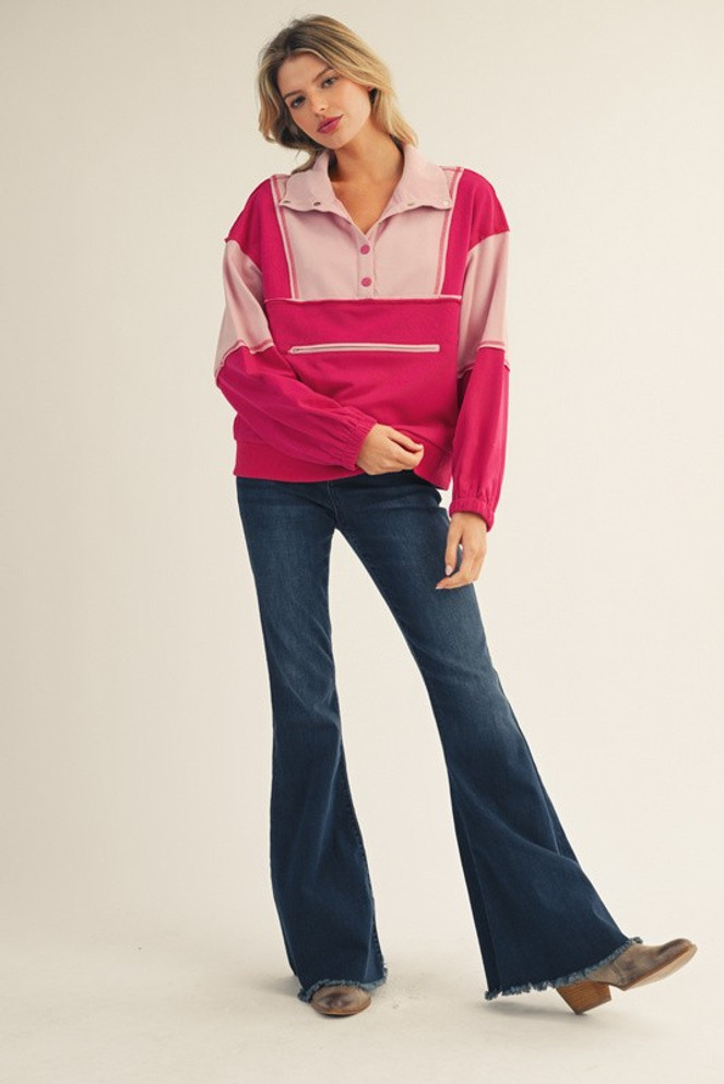 Jodifl Women's Reverse Stitch Detail Color Blocked Top - Fuchsia/Blush