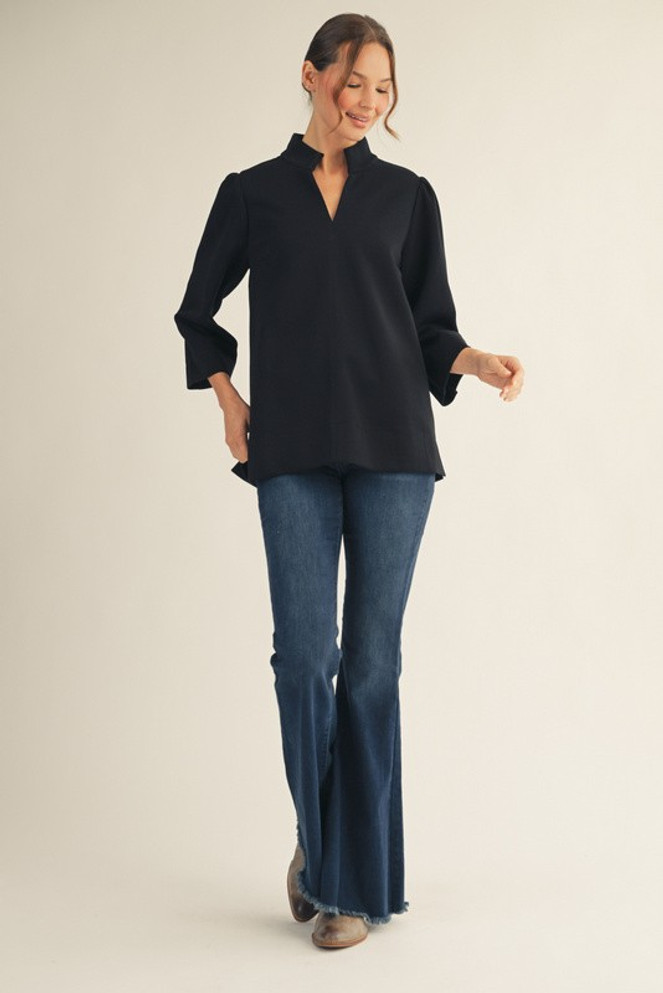 Jodifl Standing Collared Puff Shoulder Solid Top - Black Jodifl Standing Collared Puff Shoulder Solid Top - Black