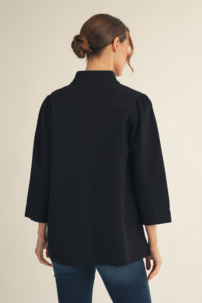 Jodifl Standing Collared Puff Shoulder Solid Top - Black Jodifl Standing Collared Puff Shoulder Solid Top - Black