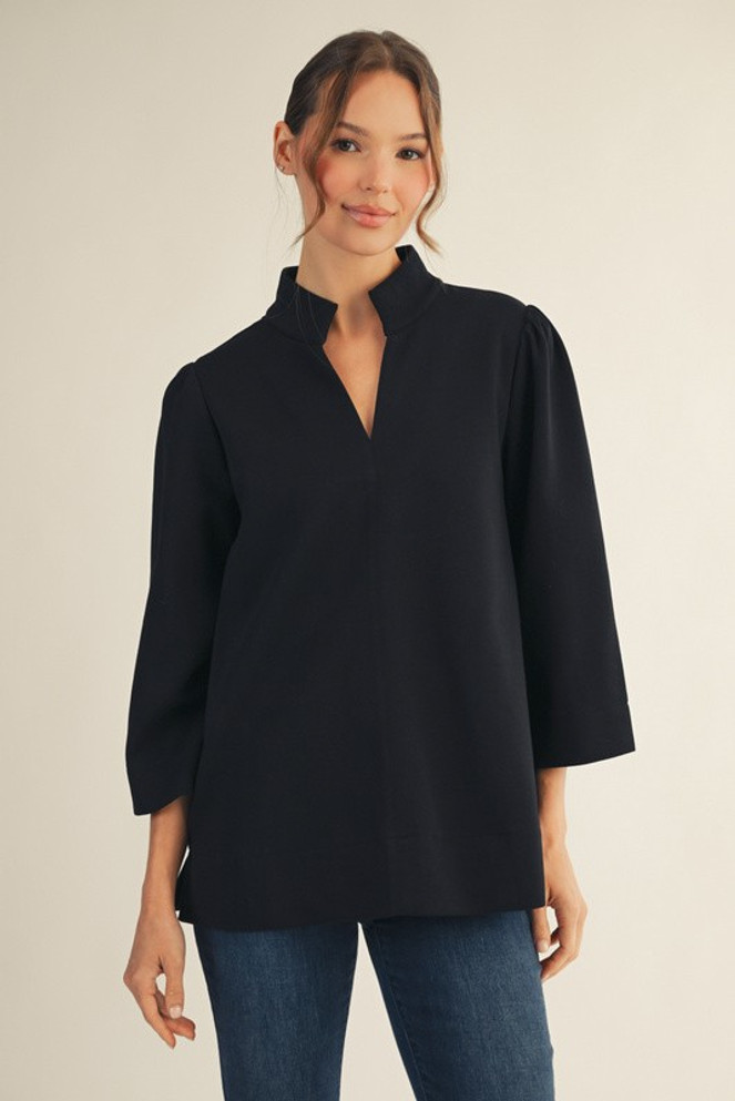 Jodifl Standing Collared Puff Shoulder Solid Top - Black Jodifl Standing Collared Puff Shoulder Solid Top - Black