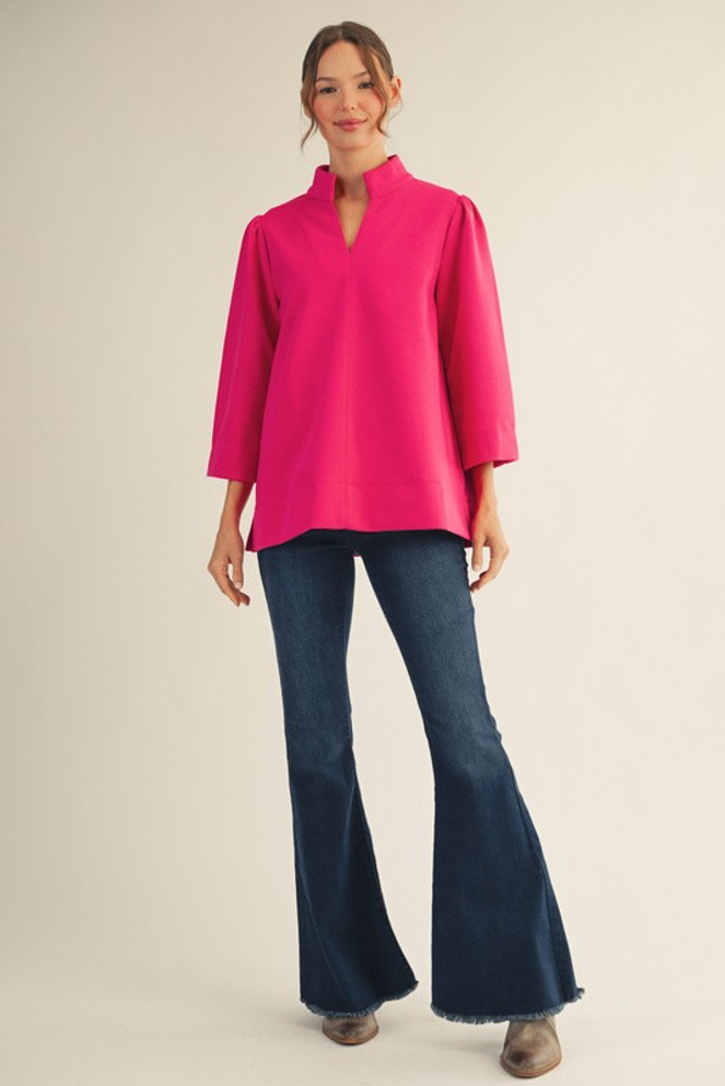 Jodifl Standing Collared Puff Shoulder Solid Top - Hot Pink Jodifl Standing Collared Puff Shoulder Solid Top - Hot Pink