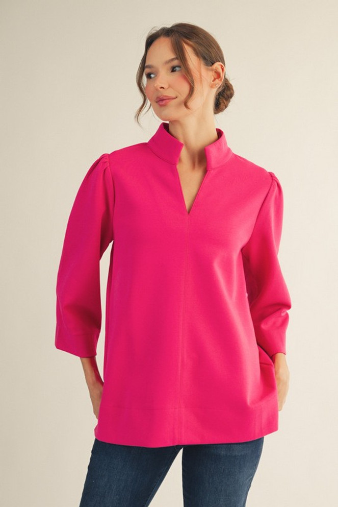 Jodifl Standing Collared Puff Shoulder Solid Top - Hot Pink Jodifl Standing Collared Puff Shoulder Solid Top - Hot Pink