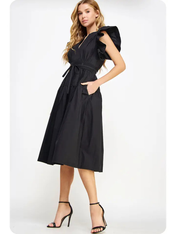 Strut & Bolt Flutter Sleeve Poplin Midi Dress - Black