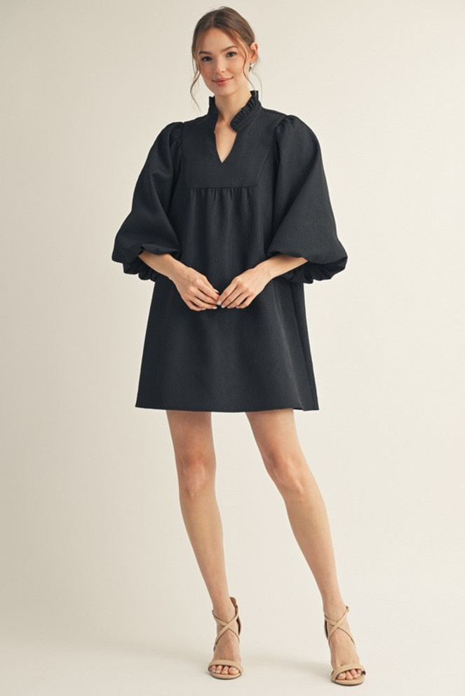 Jodifl Solid Textured Balloon Sleeves Babydoll Dress - Black