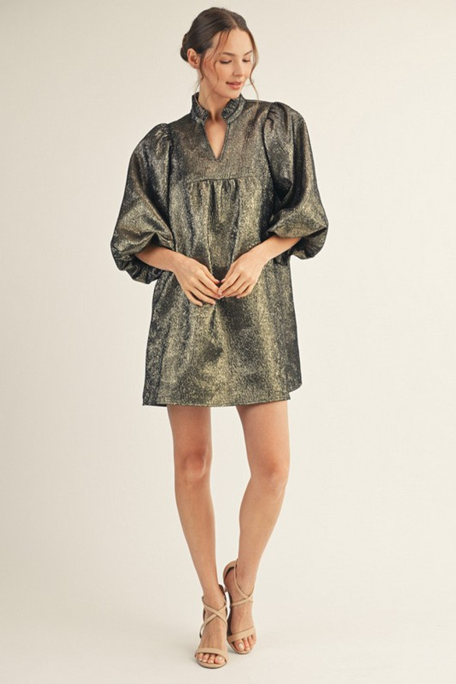 Jodifl Solid Textured Balloon Sleeves Babydoll Dress - Gold