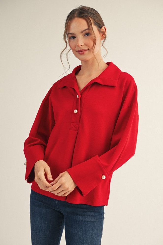 Jodifl Red Pearl Button Accent Elegant Top