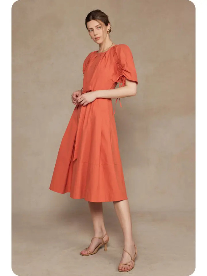 Strut & Bolt Belt Waist Pleated Cotton Midi Dress - Rust