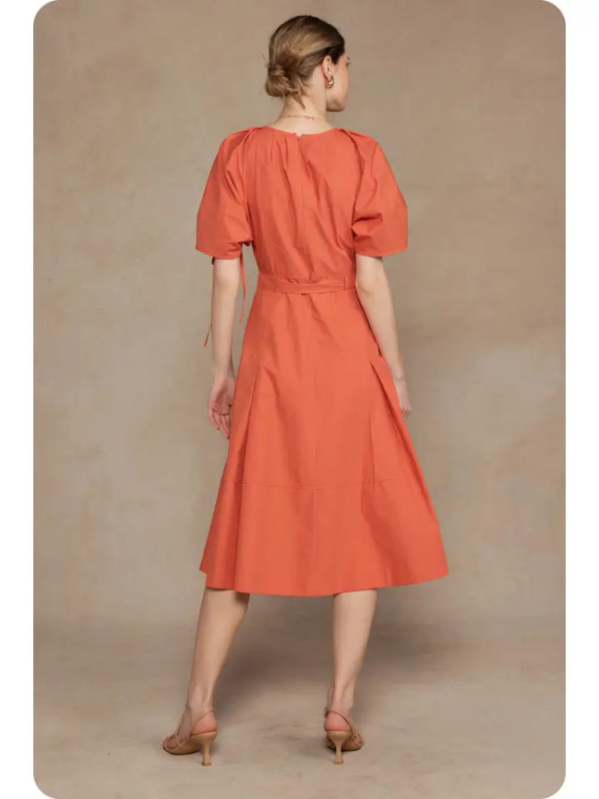 Strut & Bolt Belt Waist Pleated Cotton Midi Dress - Rust
