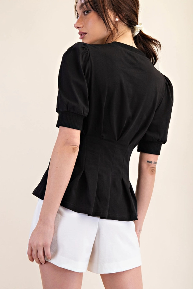 Glam Puff-Sleeve Pleated-Waist Peplum Top - Black
