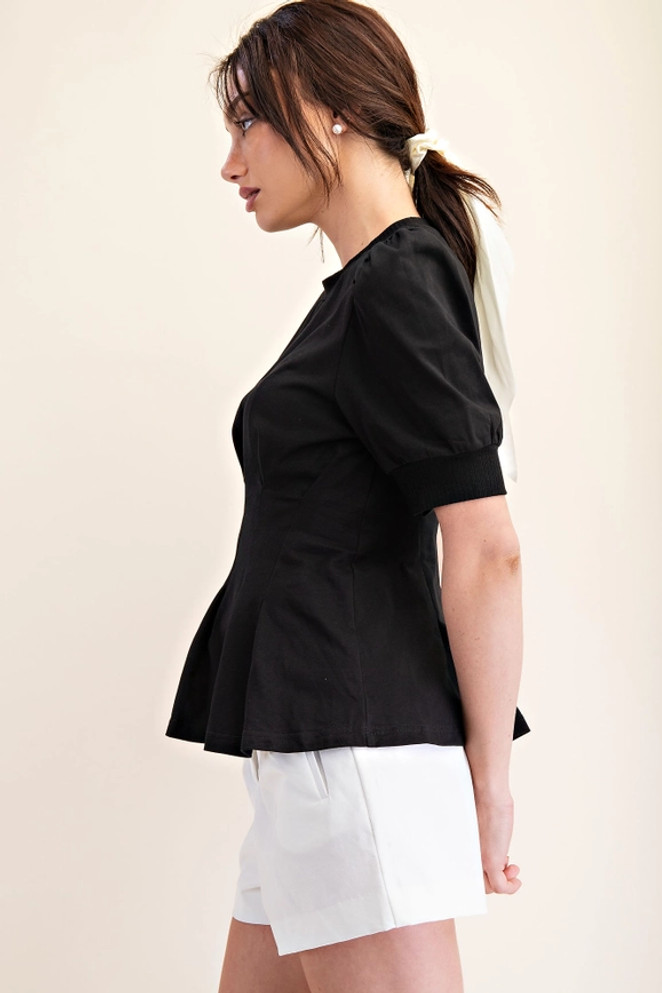 Glam Puff-Sleeve Pleated-Waist Peplum Top - Black