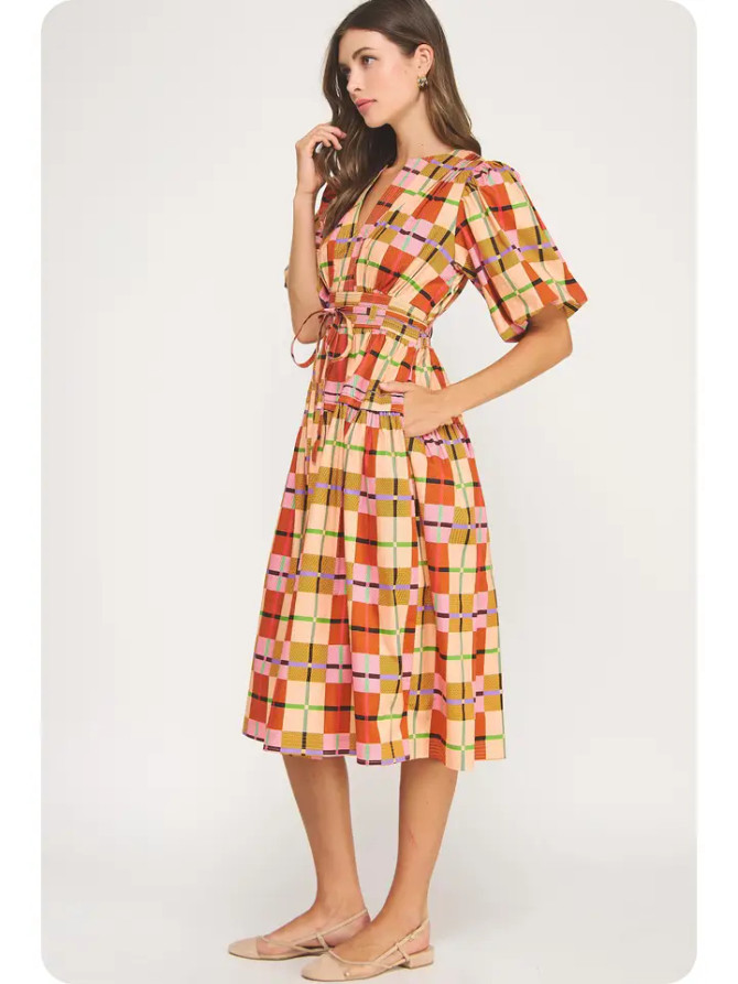 Strut & Bolt Puff Sleeve Plaid Midi Dress