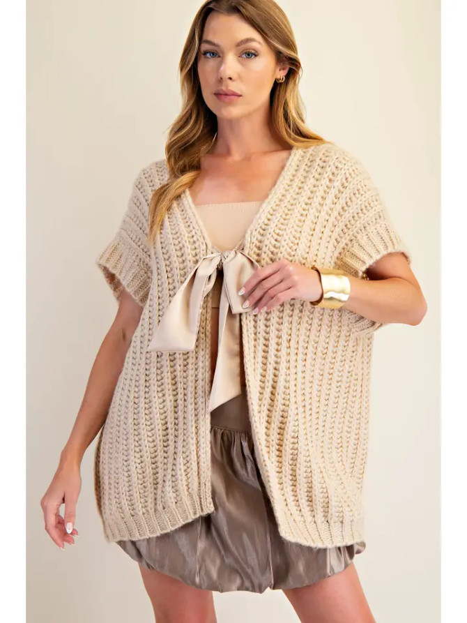 Glam Beige Front Bow Tie Sweater Vest