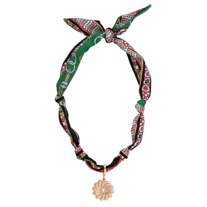 Canvas Gertrude Pearl Flower Scarf Necklace in Green/Black/Orange