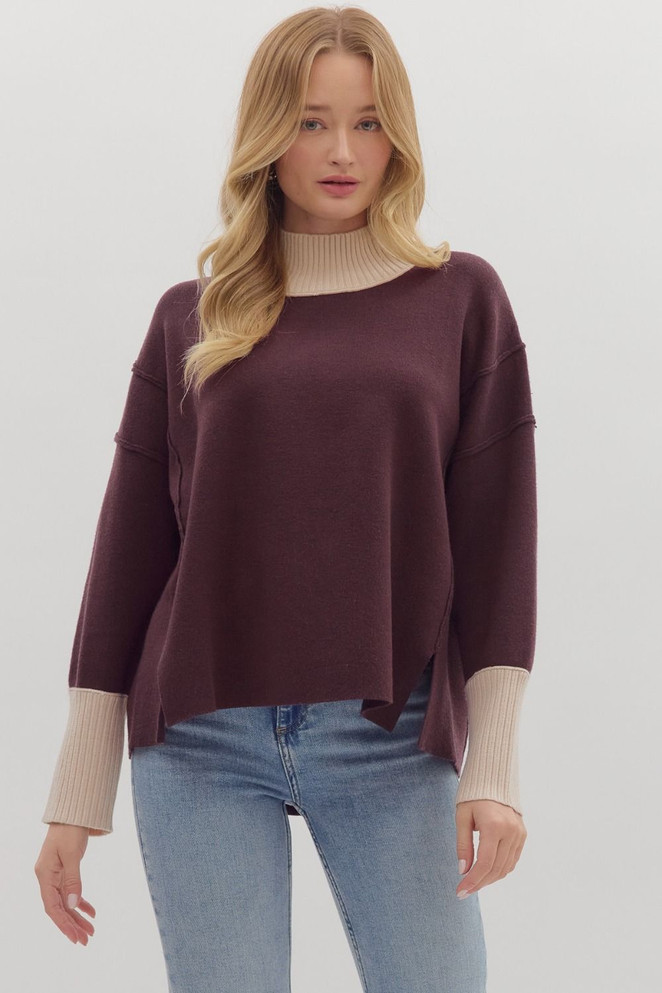 Entro Wine Knit Pullover with Ribbed Turtleneck