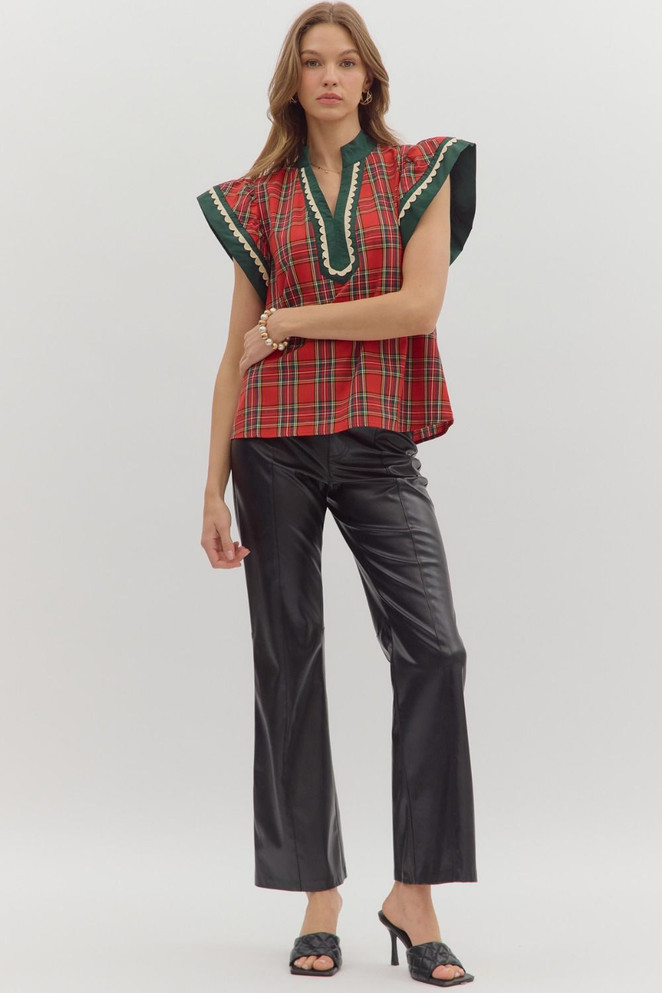 Entro Women's Red Plaid Flutter Sleeve Top