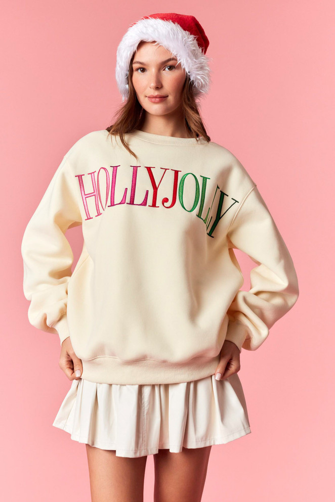 Peach Love Women's Holly Jolly Embroidered Fleece Sweatshirt - Butter Yellow Peach Love Women's Holly Jolly Embroidered Fleece Sweatshirt - Butter Yellow