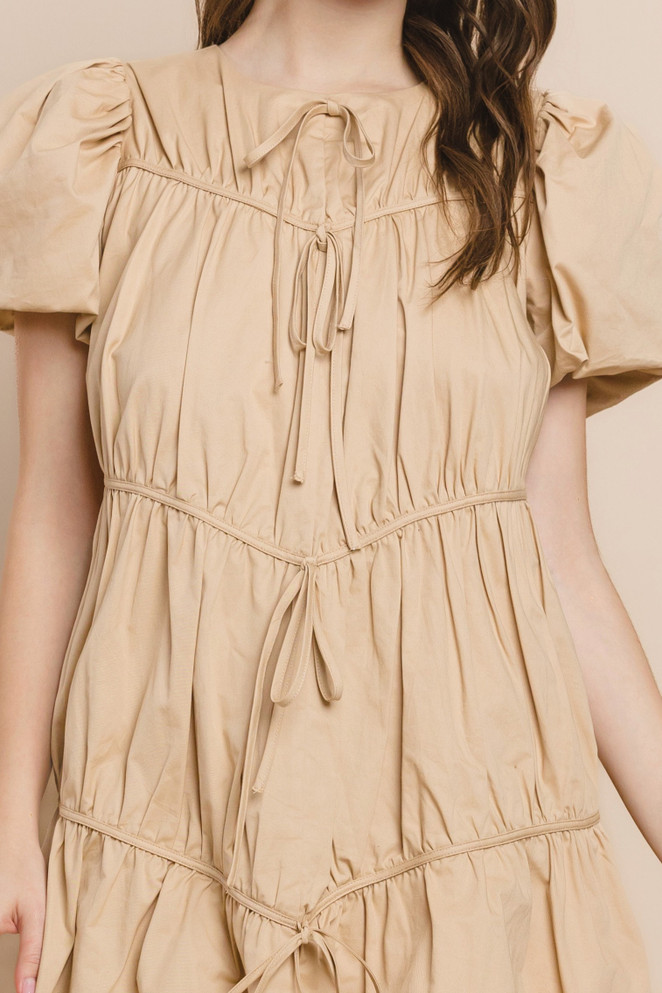 TCEC Khaki Tiered Puff Sleeve Dress