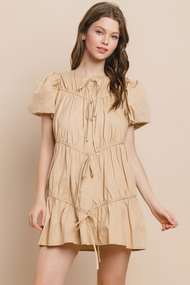 TCEC Khaki Tiered Puff Sleeve Dress
