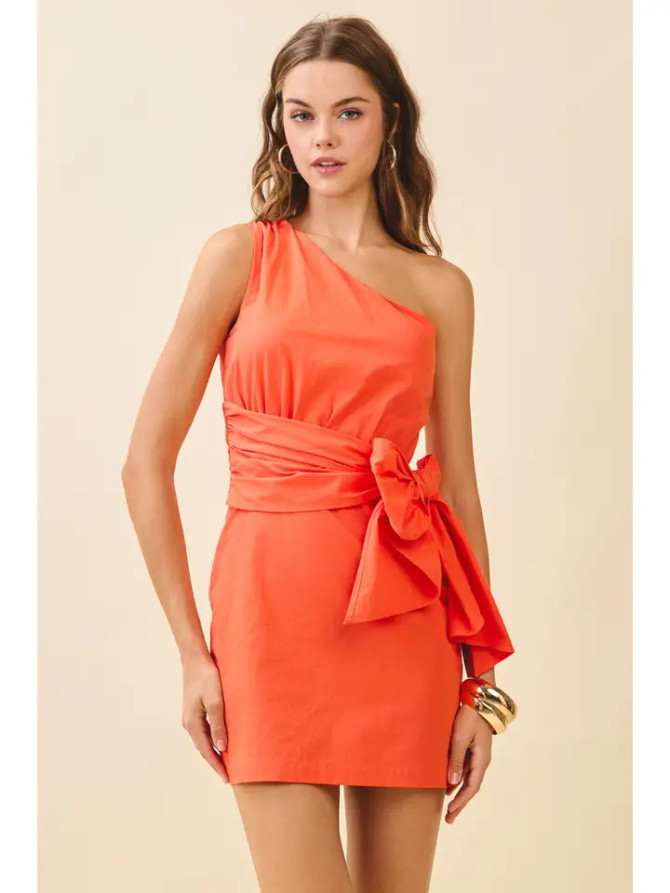 TCEC Orange One Shoulder Asymmetric Neck Self Tie Dress
