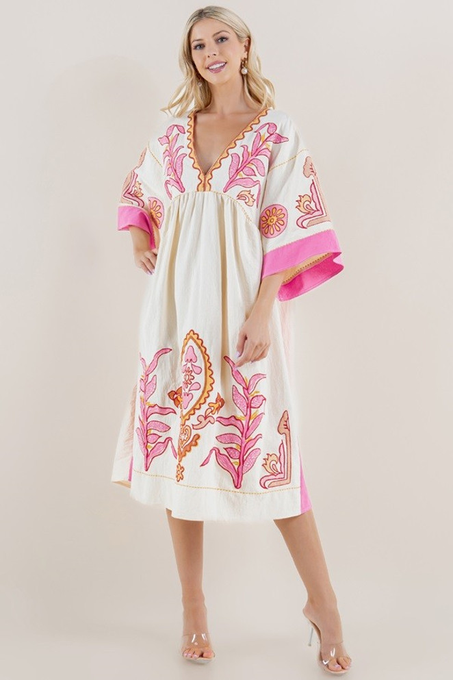 Sundayup Hot Pink Contrast Long Sleeve V-Neck Embroidered Dress