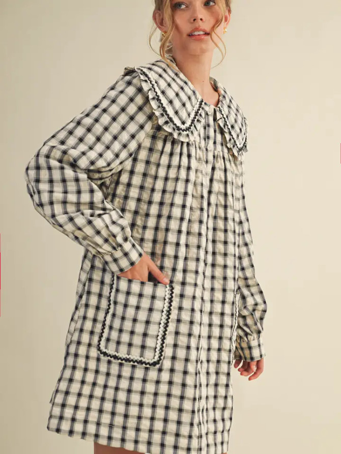&merci Doll Collar Button Down Plaid Mini Dress - Black/Cream &merci Doll Collar Button Down Plaid Mini Dress - Black/Cream