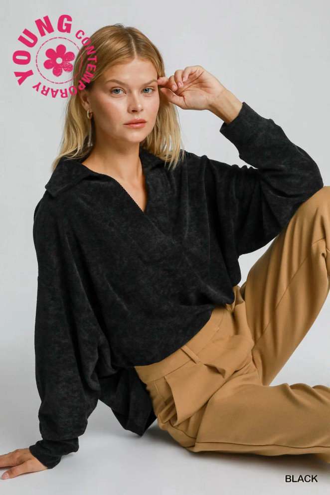 Umgee Chenille V-Neck Pullover - Black Umgee Chenille V-Neck Pullover - Black