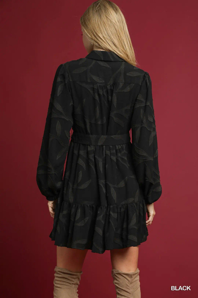 Umgee Jacquard Dress with Tie Waist - Black Umgee Jacquard Dress with Tie Waist - Black